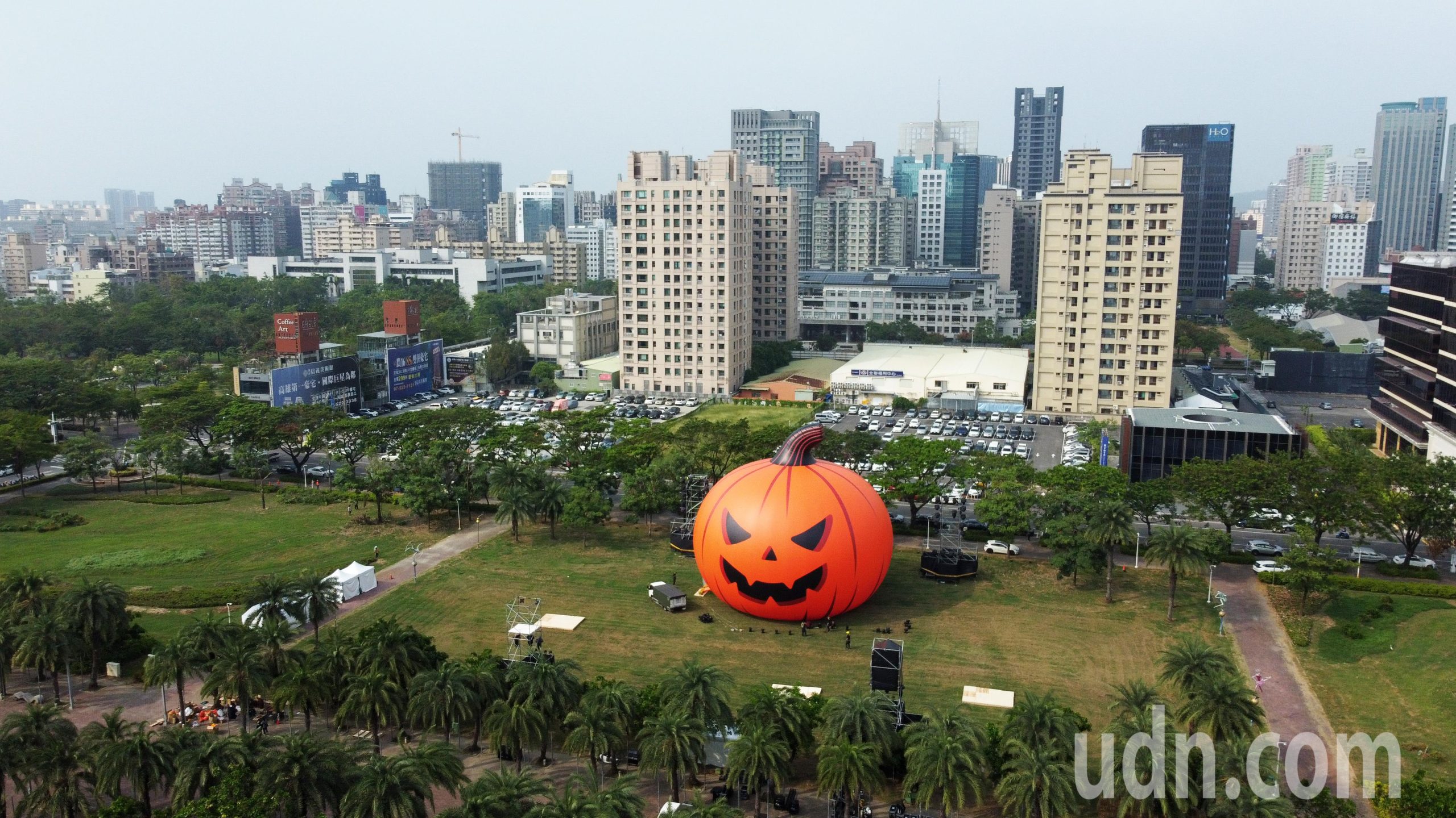 Aerial view of the 22-meter pumpkin in Kaohsiung, 2024