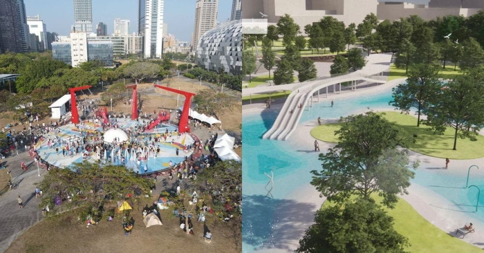 The old splash park is seen on the left, while artist rendition of the new Starlight Riverside Park is seen on the right. Images Via city govt and UDN.