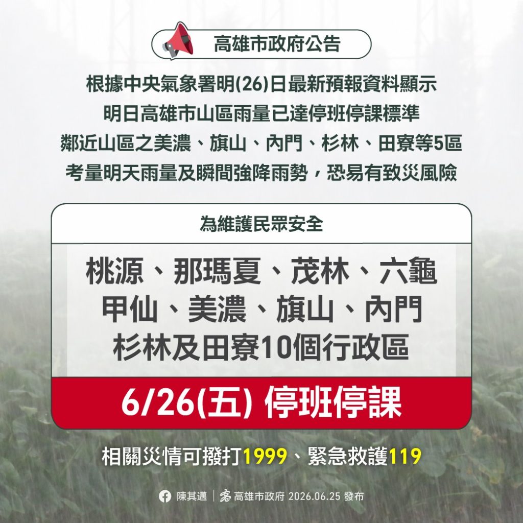 Update: extremely heavy rain forces class, work suspension in 9 districts of Kaohsiung, several other administrative areas, as well as parts of Pingtung