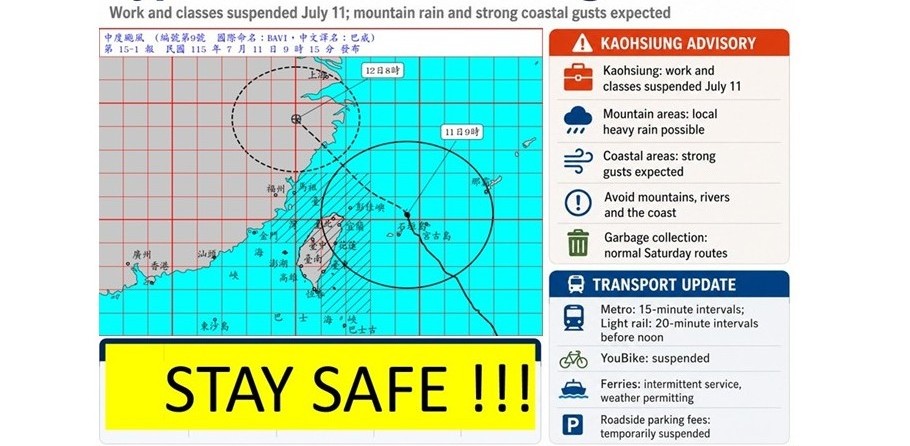 Kaohsiung halts work and classes as Bavi brings wind, rain risks
