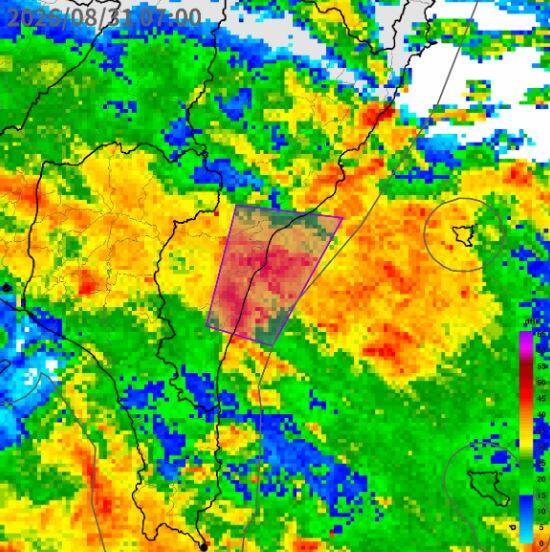 Weather radar image showing rain over Taitung and southeastern Taiwan at 7 a.m. on Aug. 31, 2026