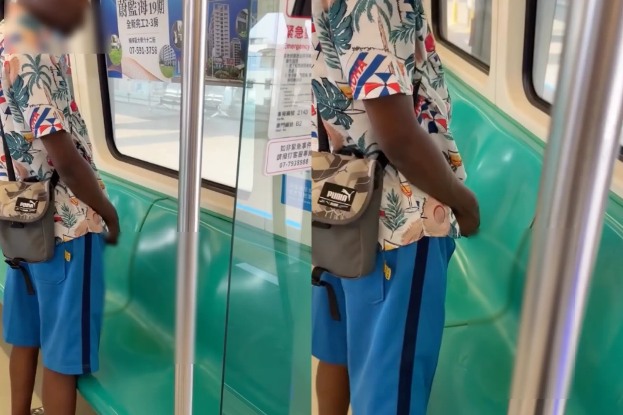 Passenger standing beside turquoise seats inside a Kaohsiung MRT carriage